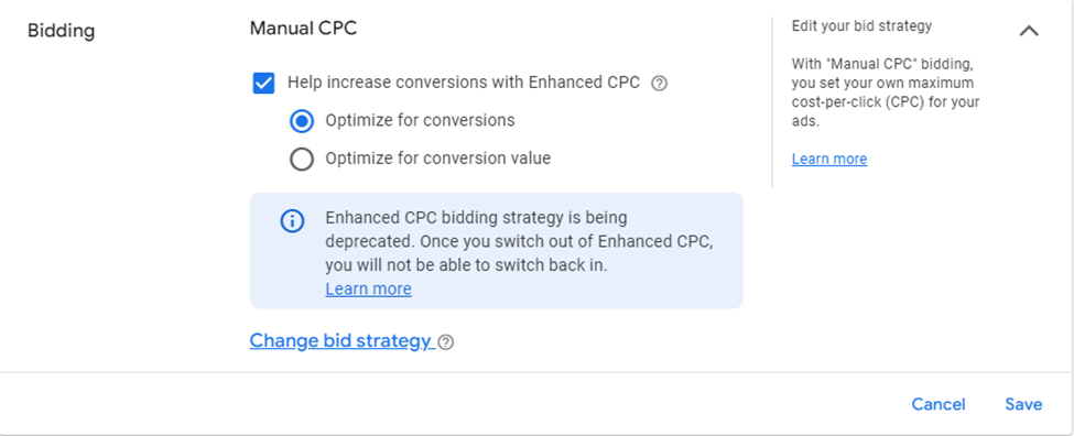 Enhanced CPC (ECPC) bid strategy in Google Ads for better bid strategies.