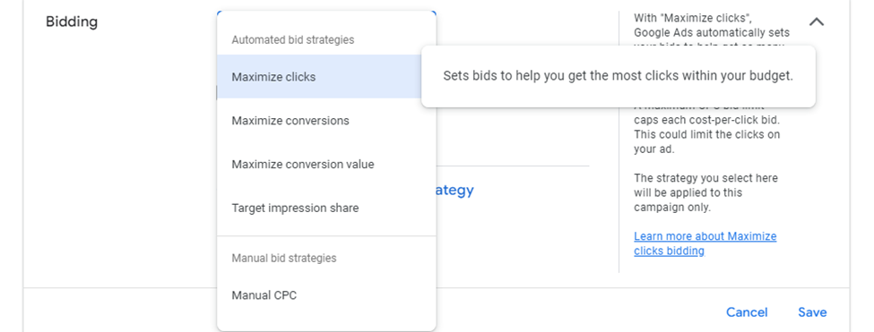 Maximize Clicks bid strategy in Google Ads for bid strategies.