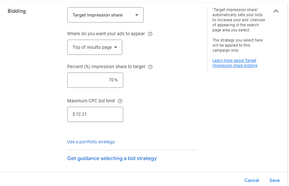 Target Impression Share graph, a bid strategy in Google Ads.