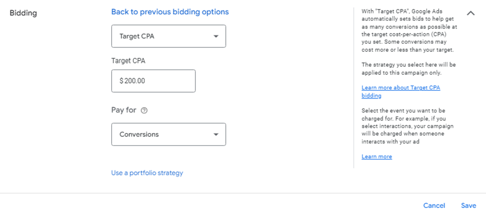 Target CPA bid strategy in Google Ads for cost per acquisition optimization.