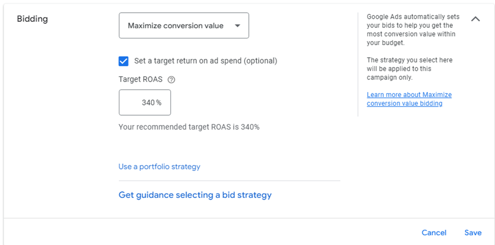 Target ROAS bid strategy for maximizing returns on ad spend in Google Ads campaigns.